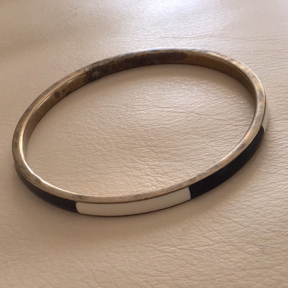 Vtg Mod Black & White Bone Inlay & Brass Metal Bangle .2”Width 8” Inside